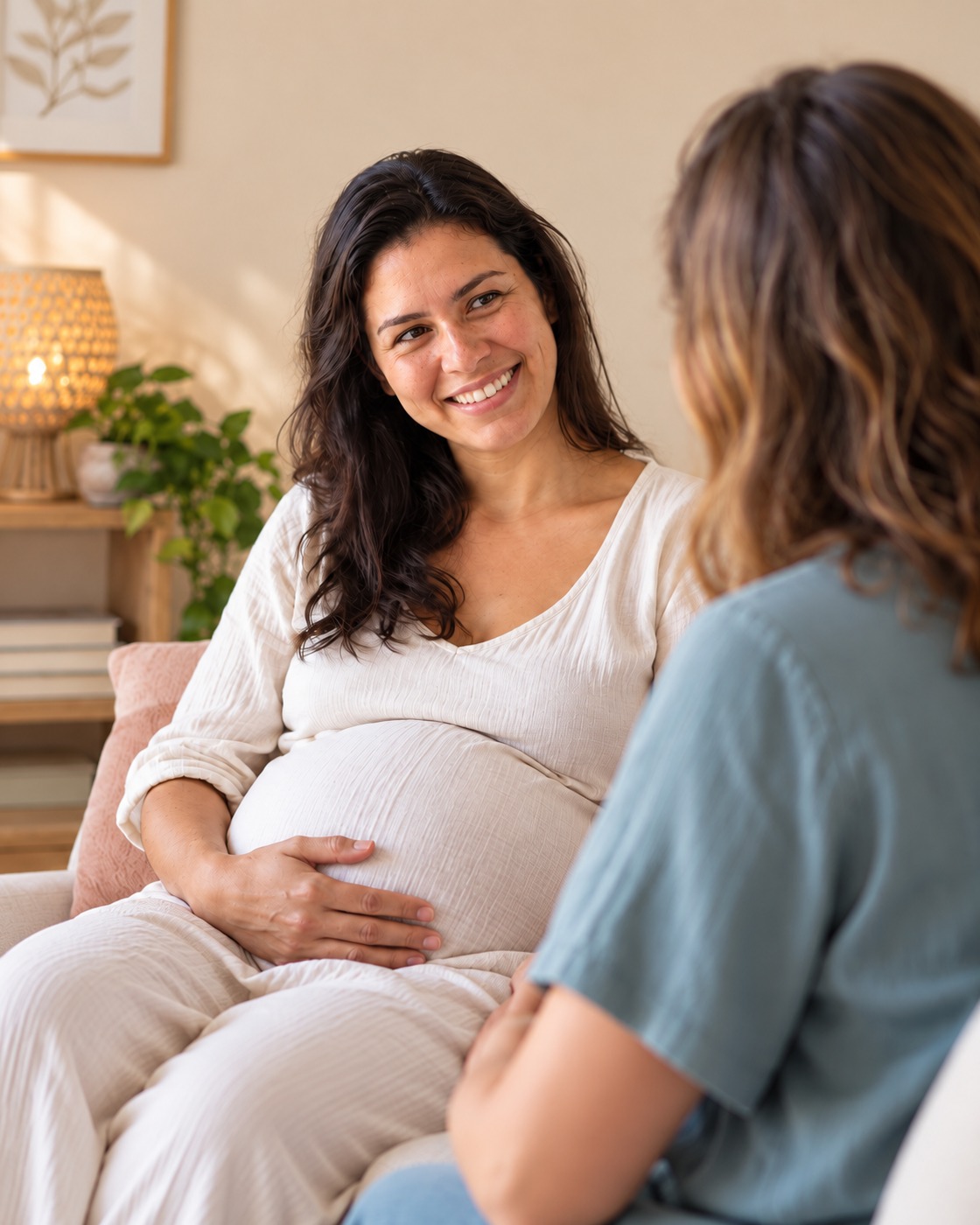 Grávida a conversar com a doula num ambiente acolhedor